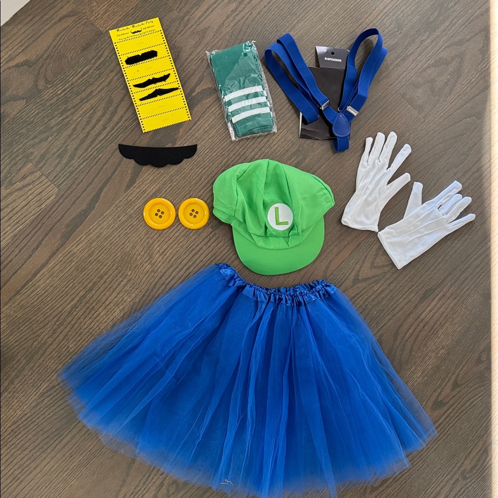 Luigi Inspired Costume Set Green Hat Blue Tutu Suspenders Gloves Adult